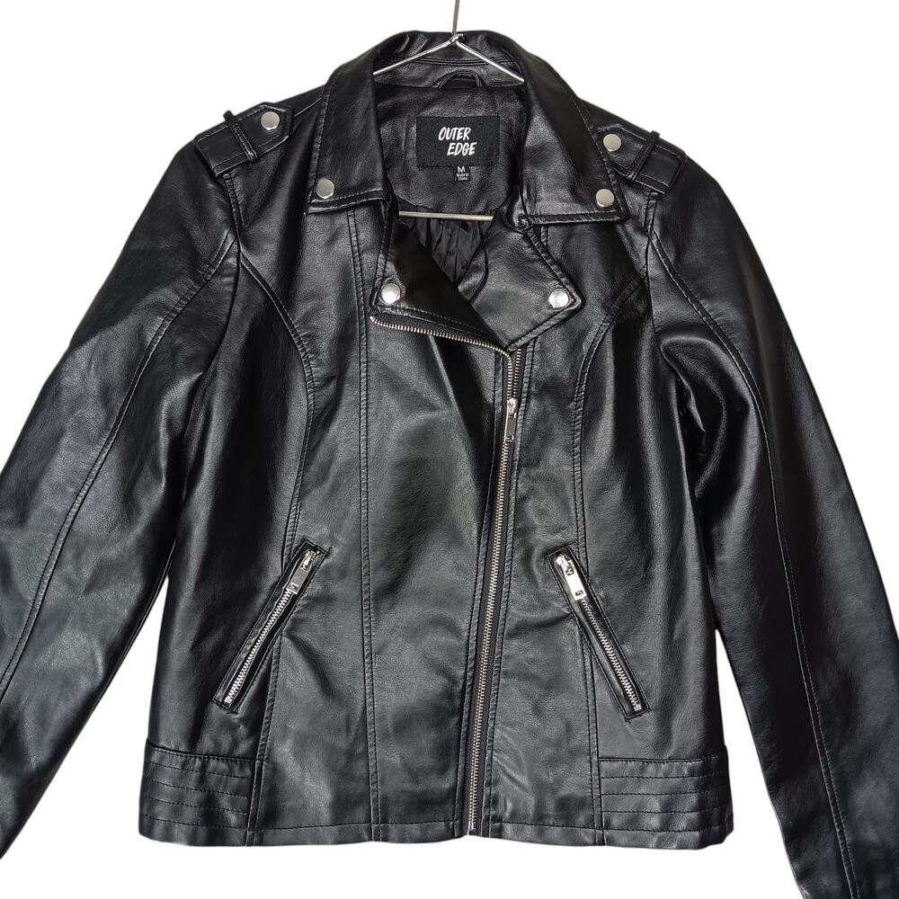 Outer Edge Moto Jacket Faux Leather Black Size Medium Side Zipper Fully Lined - Picture 4 of 9